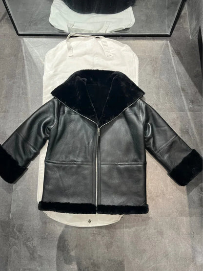 Women Genuine Leather Jacket with Real Fur Bomber Style
