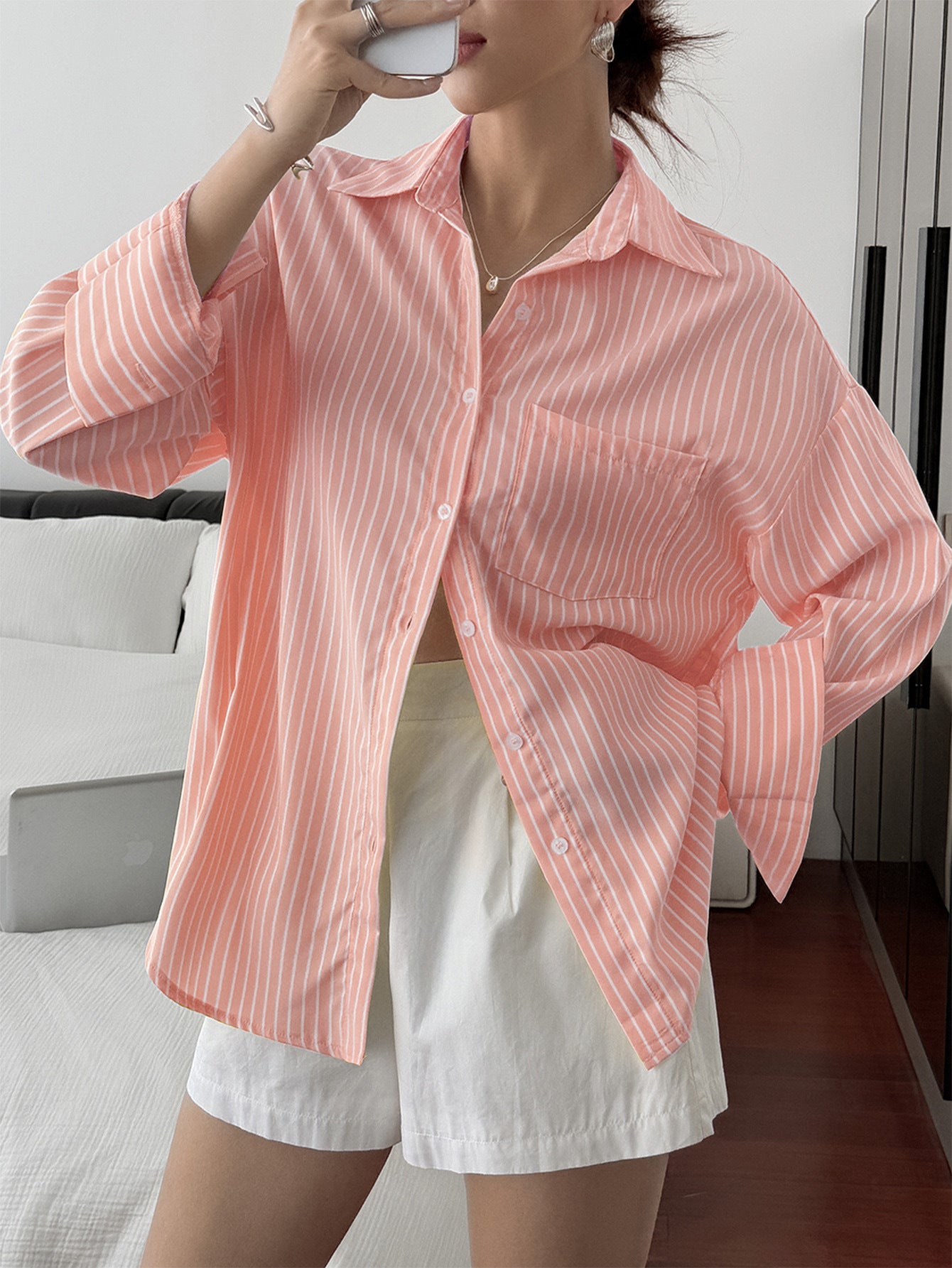Women Drop Shoulder Button Down Shirt