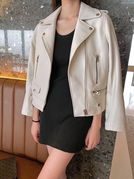 Women Leather Moto Jacket Cropped Motorcycle Jacket