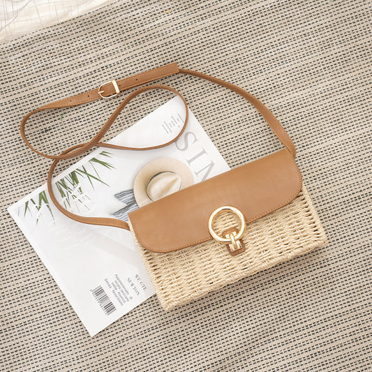 Rattan Crossbody Bag with Leather Flap