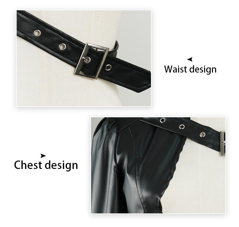 Black one shoulder pu leather punk jacket