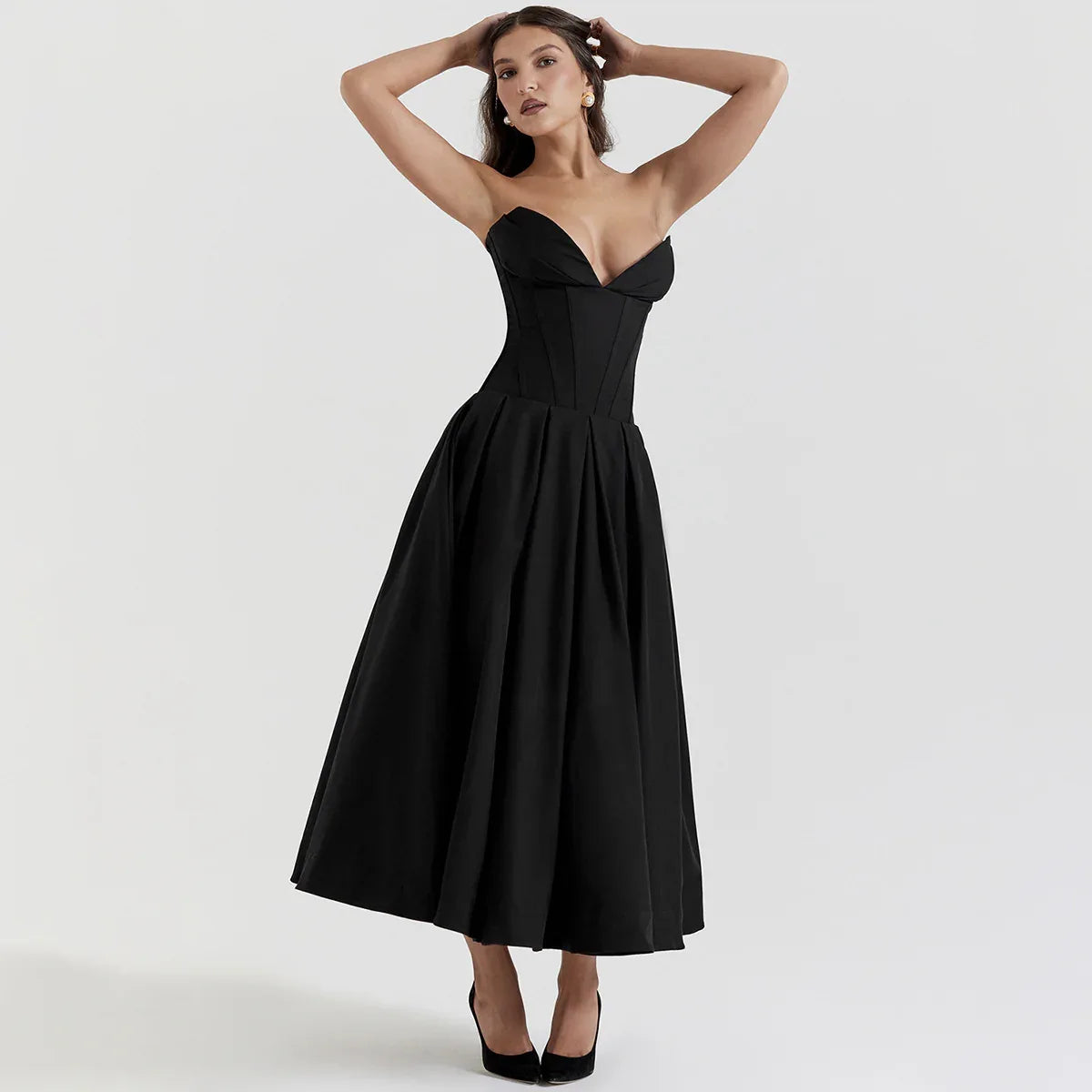 strapless v-neck corset a-line long dress