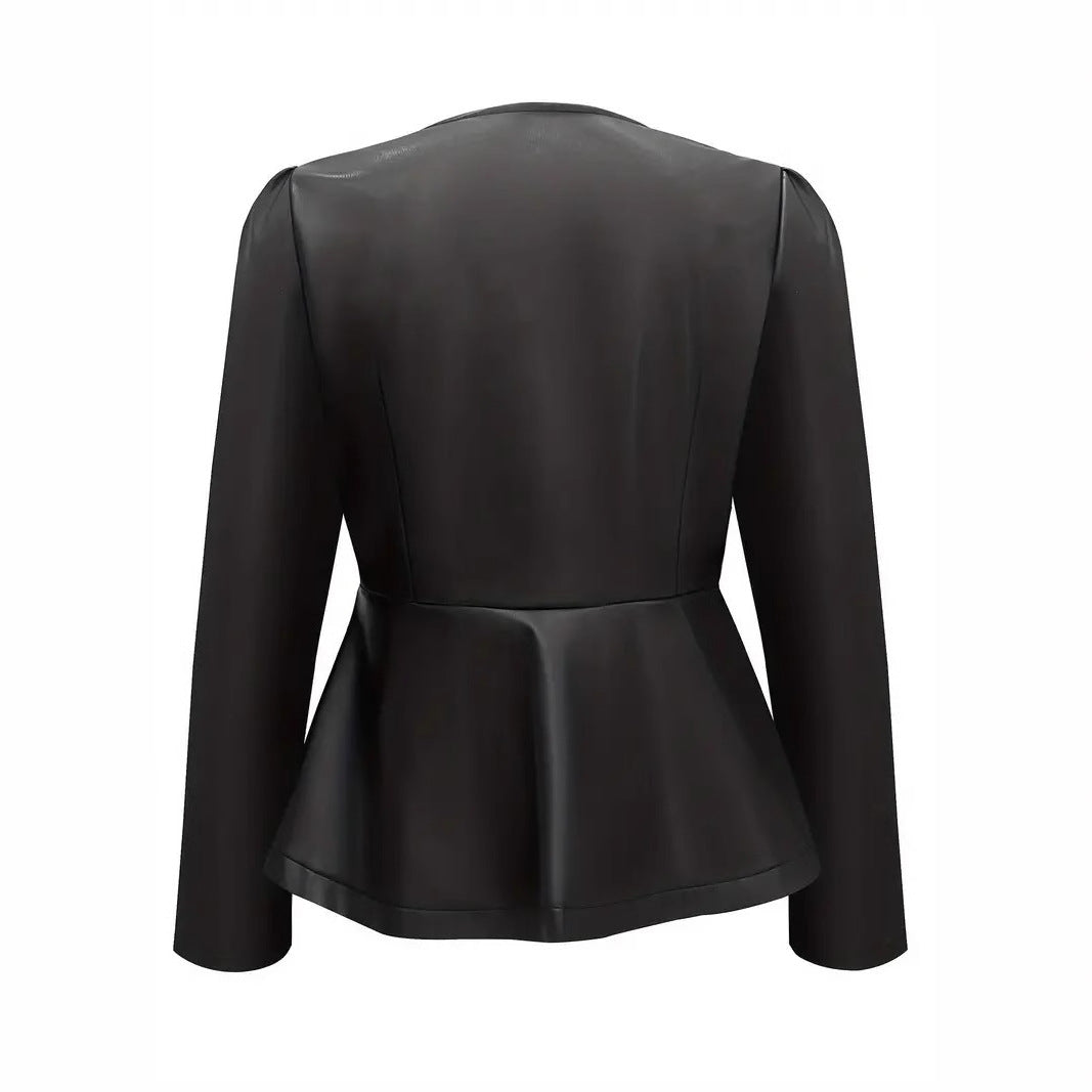 Black Faux Leather Peplum Jacket for Women