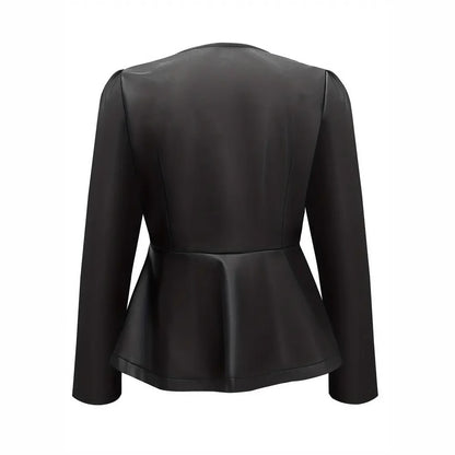 Black Faux Leather Peplum Jacket for Women