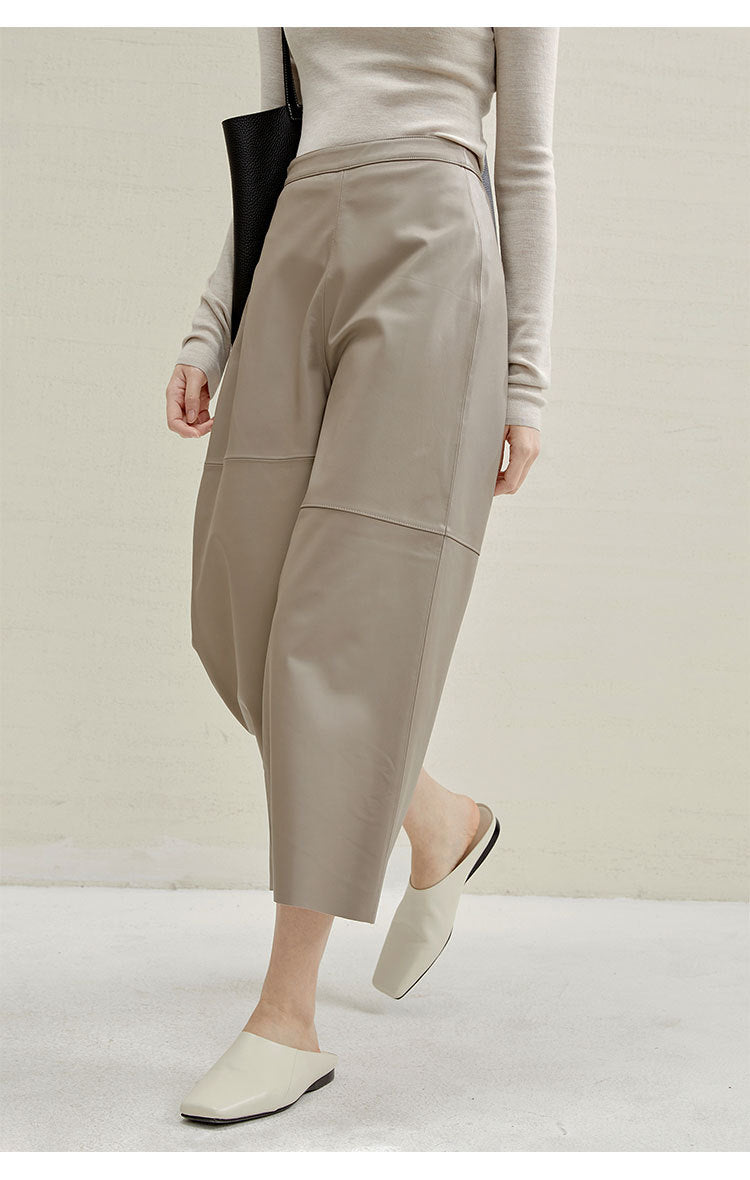 Irregular Cut Leather Wide Leg Pants for Women Cropped Straight Fit