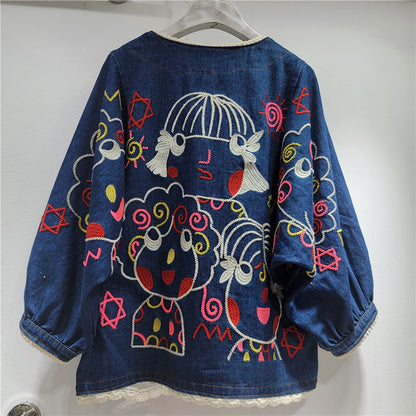 Retro Embroidered Denim Jacket for Women