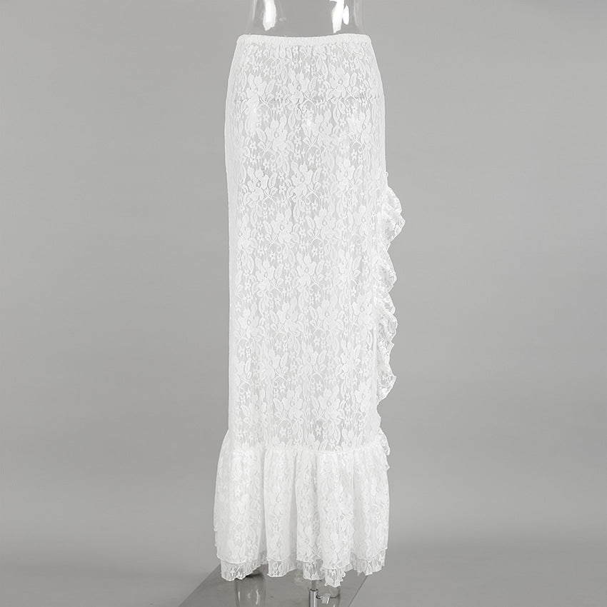 Women’s Sheer Lace High Slit Ruffled White Midi Skirt