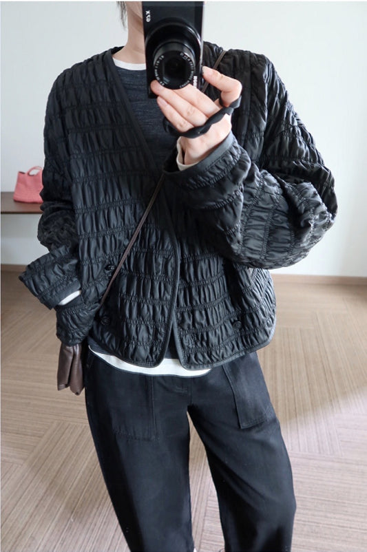 Women Leather Pleated Jacket Quilted V-Neck Short Coat