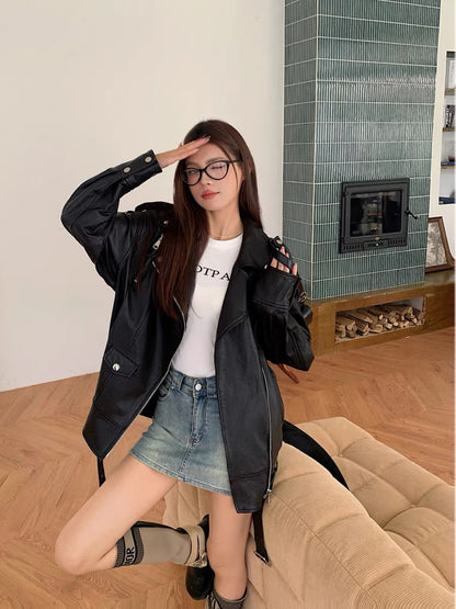 Women Oversized Genuine Leather Motorcycle Jacket Retro Washed