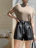 Genuine sheepskin women leather shorts with belt Black S
