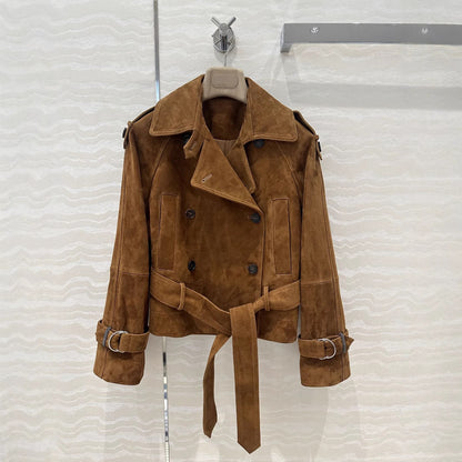 Women Cropped Suede Short Trench Jacket with Belt