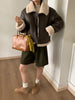 Brown shearling trim leather bomber jacket women 2