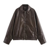 Women Faux Leather Bomber Jacket with Zipper Front
