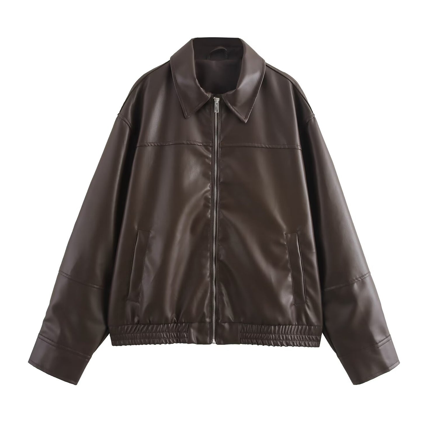 Women Faux Leather Bomber Jacket with Zipper Front