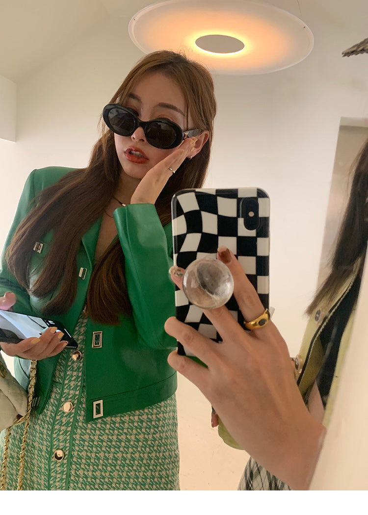 Women Leather Cropped Jacket Green Short Sheepskin Coat