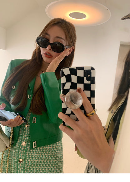 Women Leather Cropped Jacket Green Short Sheepskin Coat