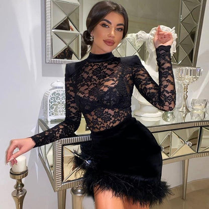 Black lace bodycon mini dress with feather hem