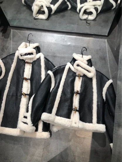 Shearling Leather Bomber Jacket With Fur Collar