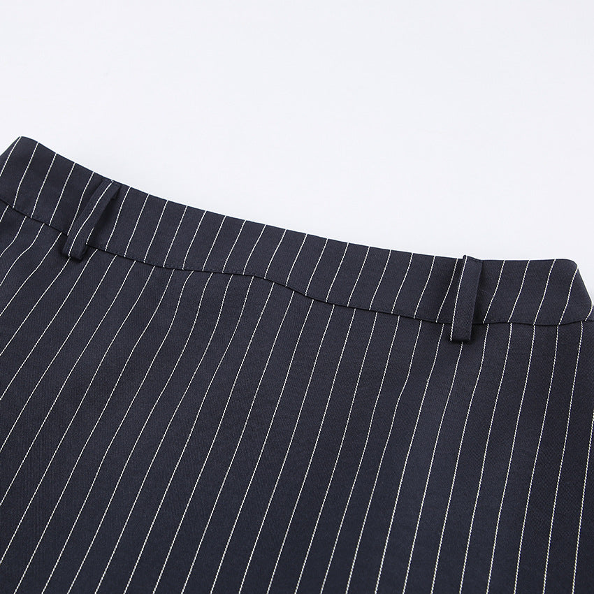 Women Navy Blue Pinstripe Blazer Skirt Set Two-Piece Outfit