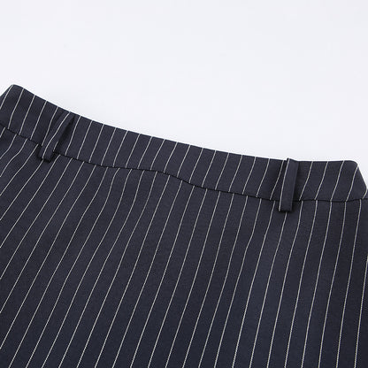 Women Navy Blue Pinstripe Blazer Skirt Set Two-Piece Outfit