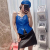 Women Genuine Leather Tube Top Black Bustier with Straps