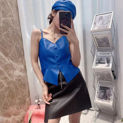 Women Genuine Leather Tube Top Black Bustier with Straps