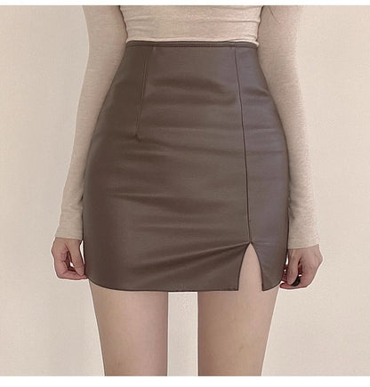 Faux Leather Skirt Zipper Back Split Hem