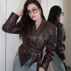 Faux Leather Jacket Women Belted Retro Wrap Style