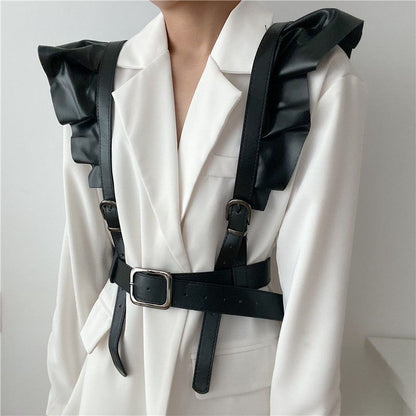 Women’s Black Faux Leather Harness Belt with Ruffled Shoulders