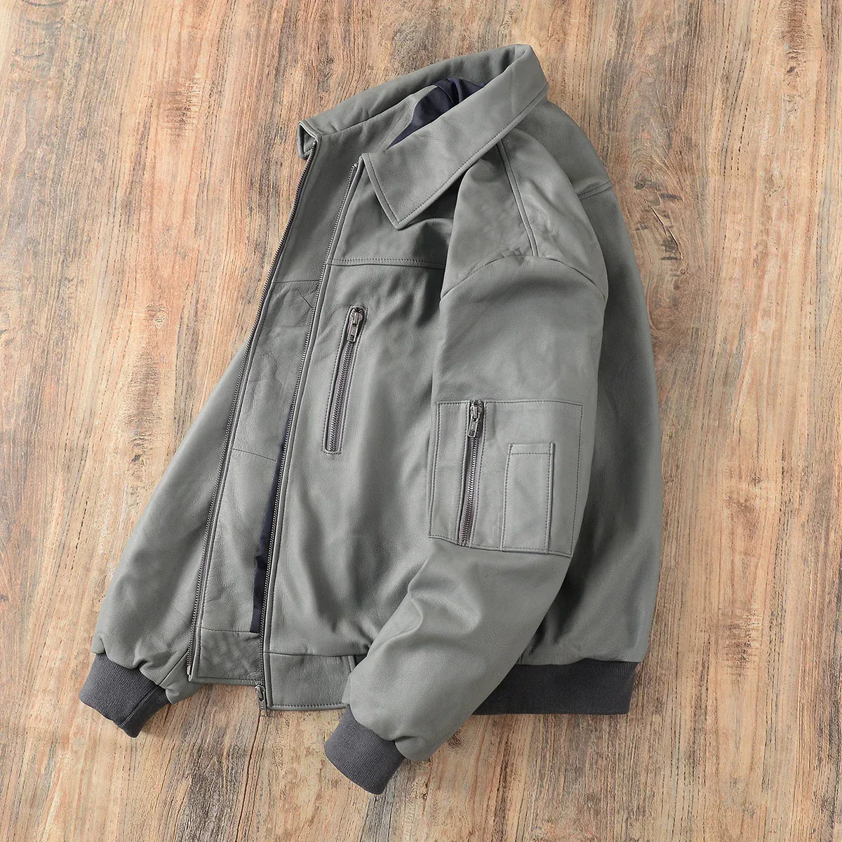 Men Grey Genuine Leather Bomber Jacket