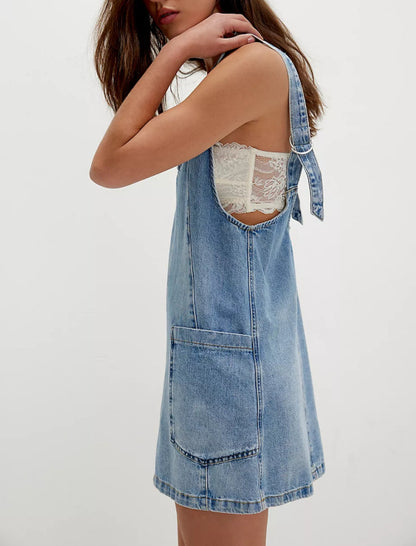 Denim Pinafore Overall Dress with Pockets