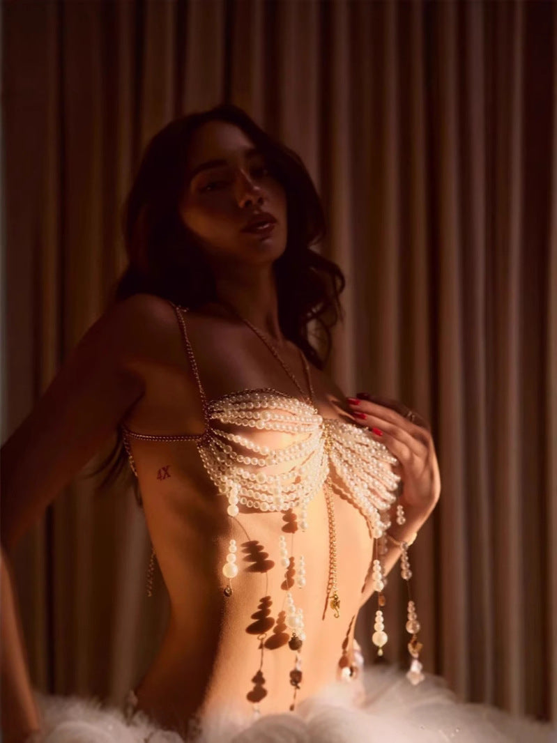 Beaded pearl halter body chain bra top