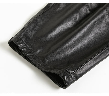 Women Black Genuine Leather Baggy Pants Loose Fit Wide Leg