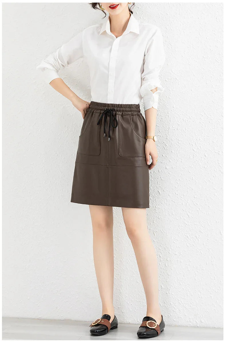Brown sheepskin elastic waist leather short skirt