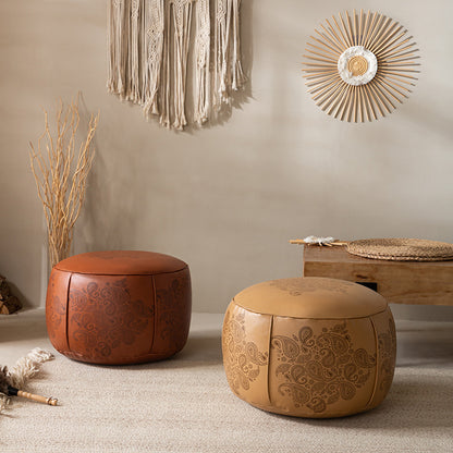 Round Faux Leather Pouf Ottoman with Moroccan Embossed Print