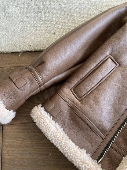 Brown faux shearling aviator leather bomber jacket