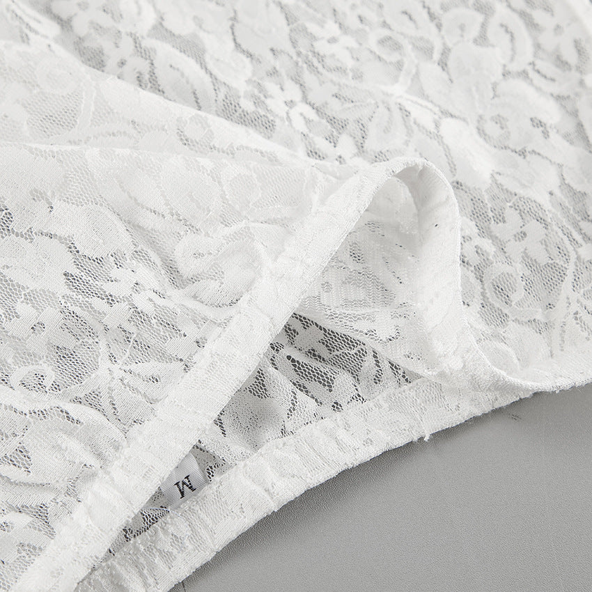 Women’s Sheer Lace High Slit Ruffled White Midi Skirt