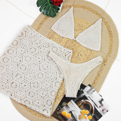 Cream crochet lace three piece bikini set