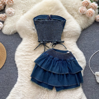 Denim Two Piece Set with Corset Top and Tiered Skirt Shorts