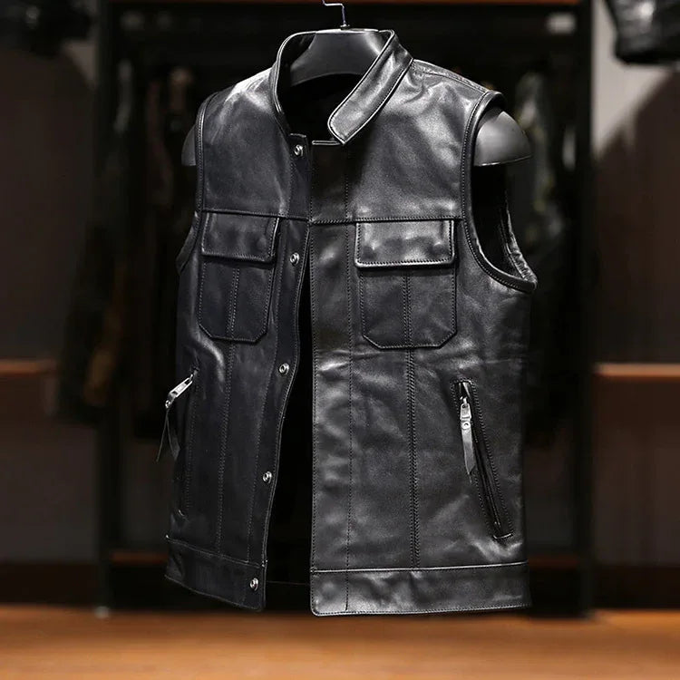 Genuine Leather Men Vest for Bikers Motorcycle Riding Vest