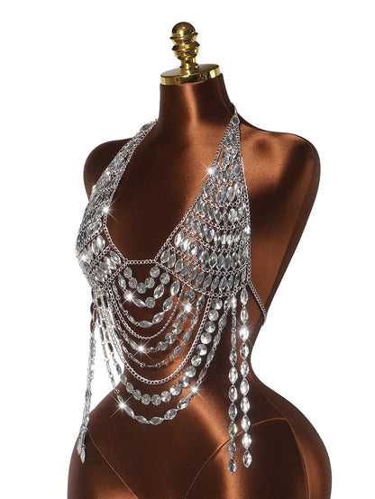 Silver Rhinestone Bra Chain Top with Layered Drapes