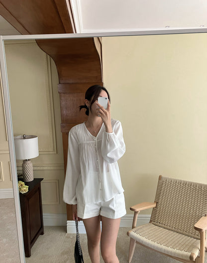 Women's Button Front Puff Sleeve Blouse