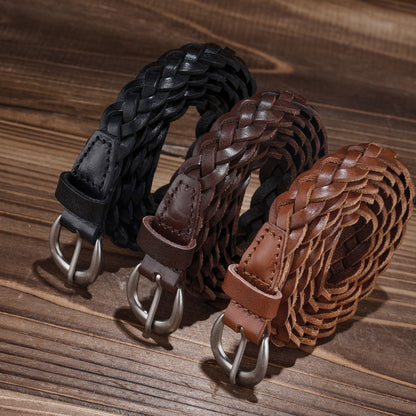 Braided genuine leather belt with silver buckle