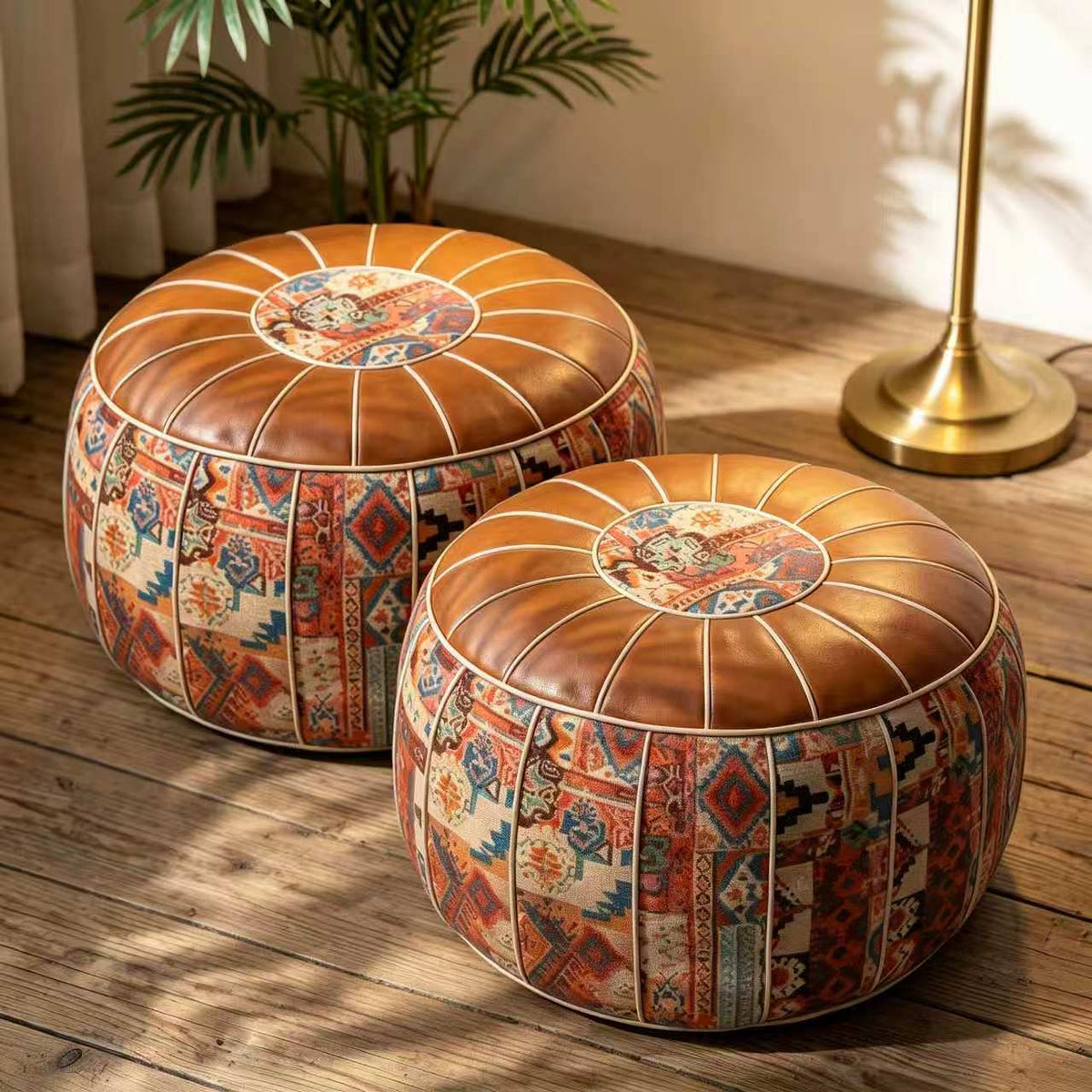 Faux Leather Pouf Ottoman with Bohemian Pattern and Zipper Storage