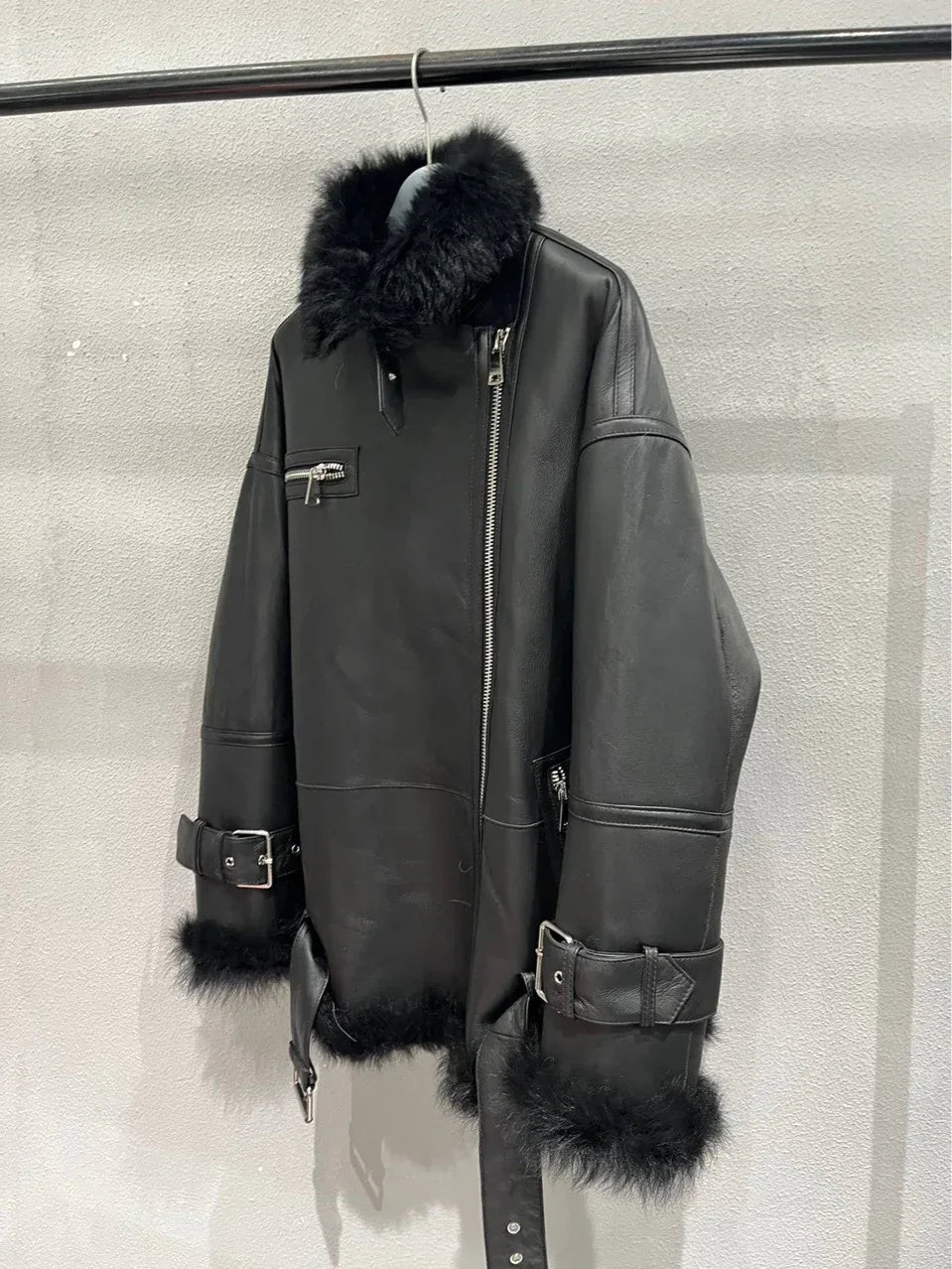 Women Leather Jacket with Real Fur Lining Moto Bomber Style
