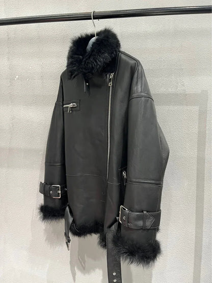 Women Leather Jacket with Real Fur Lining Moto Bomber Style