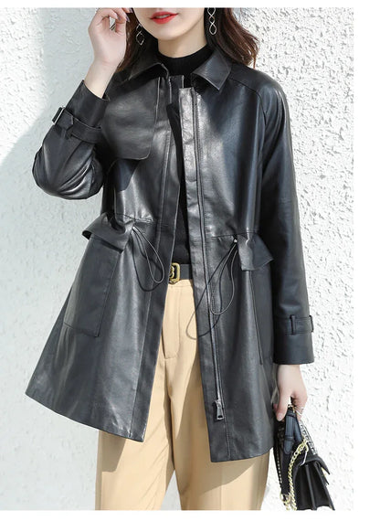Women belt waist midi leather trench - Boho Living Room