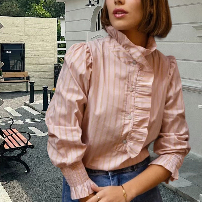 Beige Brown Women's Striped Button Down Shirt