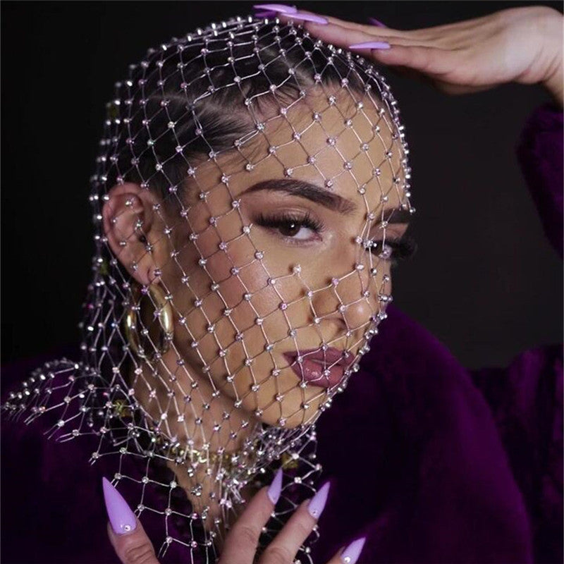 Rhinestone mesh hood women crystal net face cover festival