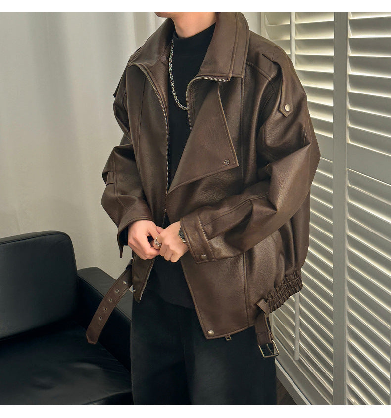 Men’s Oversized Leather Pilot Jacket Black & Brown Biker Style